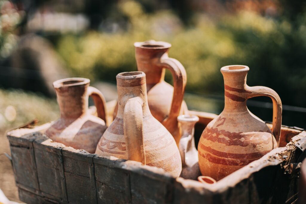 Set Of Traditional Georgian Clay Wine Jugs. Oriental Handmade Clay Jugs For Wine. Georgian